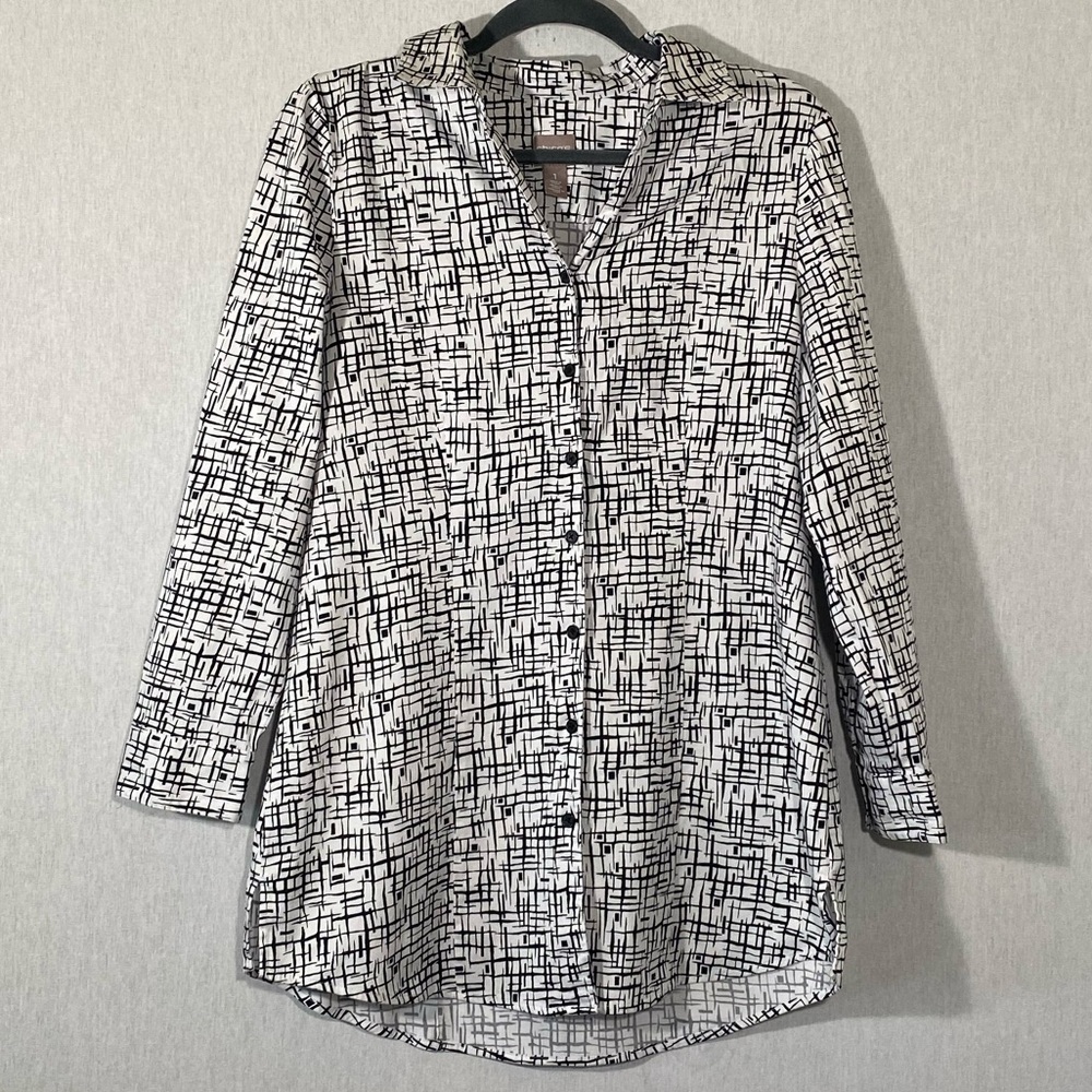 Chico's Artsy Graphic Grid Print Button Down Tunic Shirt Size 1 (Medium)